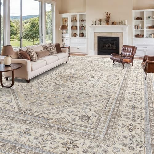 12x15 Washable Area Rug for Living Room - Non-Slip Vintage Rugs Beige Gray - Image 3