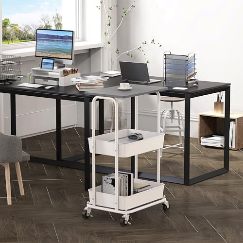 Simple Houseware 2-Tier Rolling Utility Cart Wood Top/Lockable Wheel, Gray - Image 2