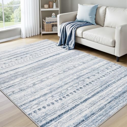 4x6 Area Rugs for Living Room Machine Washable Rug Distressed Indoor Carpet Neutral Moroccan Boho Rug Ultra Soft Area Rug for Bedroom Dining Room Playroom Office, Blue by Tchdio