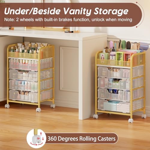 Hongtamoya Makeup Cart Organizer with 4 Drawers, Large Floor Skincare Organizers, Vanity Storage Organizer Cosmetics Display Cases for Skin Care Perfume Nail Polish, Gold - Image 3