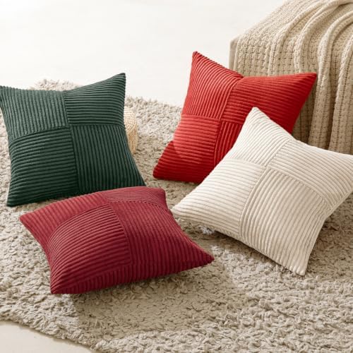MIULEE Boho Christmas Red Decorative Throw Pillow Covers 20x20 Set of 4 Farmhouse Cushion Covers Color-Clash Corduroy Pillow Cases Modern Soft Corduroy Patchwork Home Decor for Couch Sofa Bedroom - Image 5
