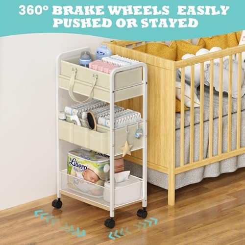 2In1 Baby Diaper Caddy & 3-Tier Rolling Cart, Diaper Caddy Organizer Carts with Dividers, Mobile Metal Utility Cart for Nursery Essentials, Detachable Bedside Cart, Large Capacity, White - Image 7
