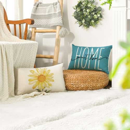 AVOIN colorlife Home Sweet Home Spring Summer Flowers Yellow Throw Pillow Covers, 12 x 20 Inch Blue Cushion Case for Sofa Couch Set of 4 - Image 5
