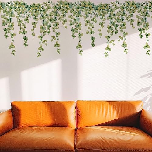 Hanging Green Vine Wall Decals,Succulent Plants Wisteria Floral Flowers Butterflies Birds Wall Stickers, Self-Adhesive Vinyl Removable Living Room Sofa TV Wall Decor (Eucalyptus Leaves) by ZARROUEA