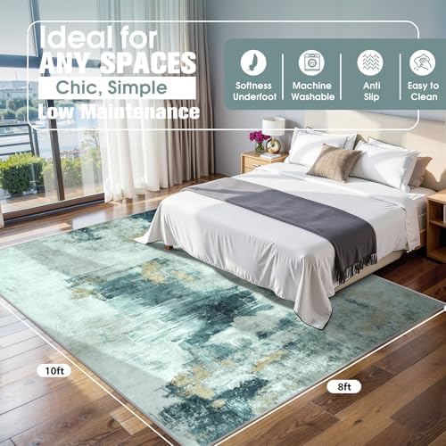 8x10 Area Rugs for Living Room Washable Bedroom Dining Room Teal Grey Gold - Image 2