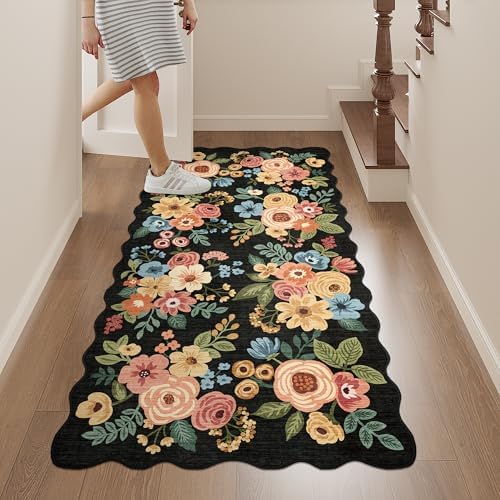 DUKINO 2x4 Rug for Entryway, Floral Washable Kitchen Rugs Non Slip, Black - Image 4