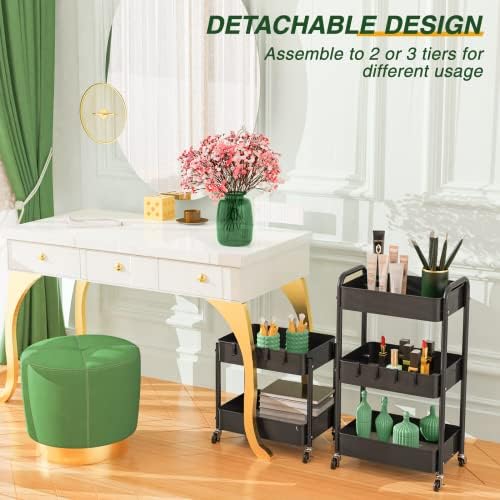 LEHOM 3 Tier Rolling Cart, Metal Rolling Utility Cart with Lockable Wheels - Image 5