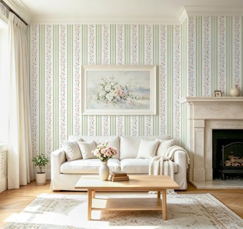 Safiyya Wallpaper Peel and Stick Stripe Floral Wall Paper Removable Green Pink Contact Paper 17.7''x197'' Waterproof Self Adhesive Vinyl Boho Wallpaper for Bedroom Living Room Decor - Image 3