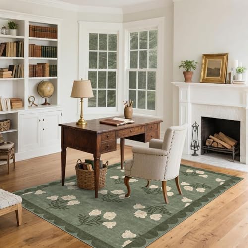 4x6 Covered Outdoor Patio Rug - Green Washable Front Porch Entry Rug Non-Slip Door Mat Indoor Outside Entrance Vintage Floral Scalloped Area Rug for Living Room Entryway Backyard Porch Decor - Image 6
