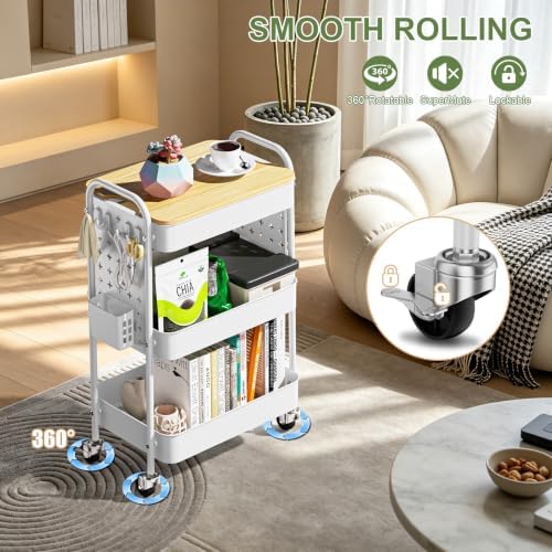 3 Tier Rolling Cart with Table top, Metal Utility Cart with DIY Pegboard - Image 5