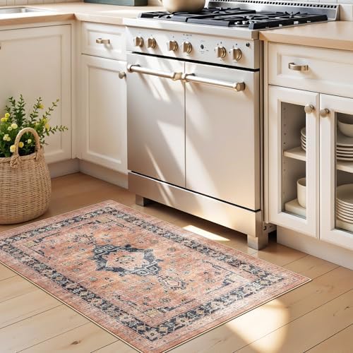 Washable 2x3 Small Area Rug: Vintage Indoor Soft Non Slip Door Mat Stain Resistant Carpet for Bedroom Living Room Light Weight Floor Mat for Kitchen Bathroom - Perfect for Homes with Pets (2x3,Orange) - Image 4