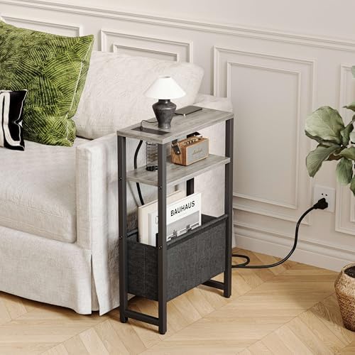 Narrow Side Table with Charging Station Slim End Table Sofa with Magazine Rack, Bedside Table for Small Spaces, 3 Tier Nightstand for Living Room Couch, Bedroom Oak Grey LET503QE - Image 2