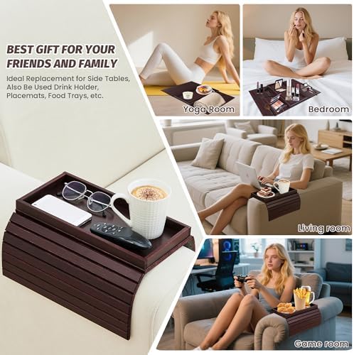 GEHE Bamboo Sofa Arm Tray, Foldable Couch Arm Tray Side Table, Anti-Falling Armrest Tables Cup Holder for Snacks, Drinks, Beers, Phone, Control, Flexible and Portable, Anti-Slip - Image 4