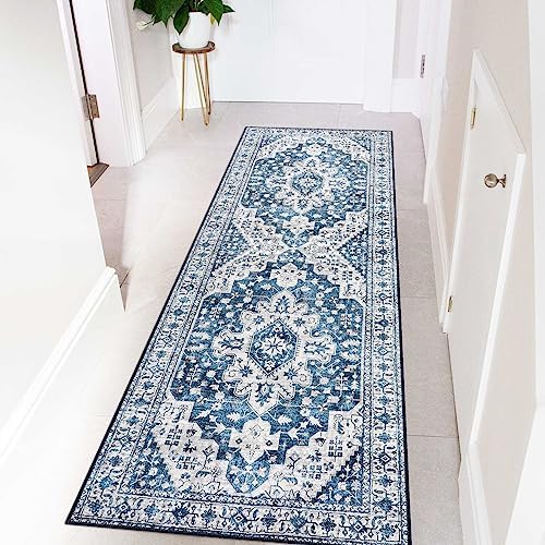 Moynesa Ultra-Thin Washable Runner Rug - 2x6 Blue Laundry Room Rug Washable Kitchen Runners Bathroom Carpet Runner, Oriental Printed Pet Friendly Hallway Runners for Bedroom Entrance Entryway RV - Image 3