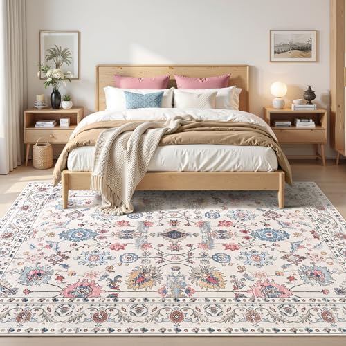Hanples 6x9 Area Rugs for Living Room, Washable Rug Vintage Floral, Beige - Image 2