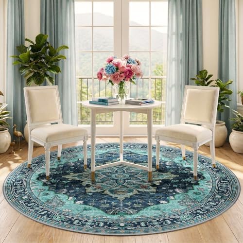 RELEANY Washable Area Rug, Round 5ft, Teal - Image 2