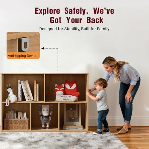Book Shelf, Wooden Cube Storage Organizer with 11" Open Cubes, Stackable Modular Bookcase for Room Divider Storage, 2 Tier Bookshelf for Living Room, Bedroom, Office (Oak, 5-Cube) - Image 4