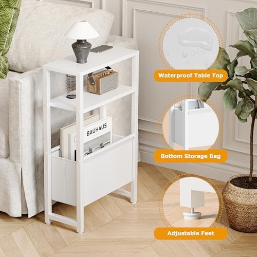 Narrow Side Table, Slim End Table with Magazine Rack, Skinny Bedside Table for Small Spaces, 3 Tier Sofa Couch Table Nightstand for Living Room, Bedroom, White LET503W - Image 4