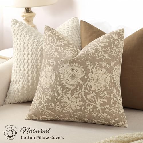 Vintage Floral Print Throw Pillow Covers 22x22 Set of 2 Neutral Modern Farmhouse Pillowcases Accent Decorative Cushion Covers Boho Home Decor for Couch Sofa Chair Bed Living Room, Latte - Image 2