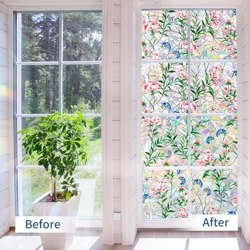 Niviy Stained Glass Window Film with Installation Tools, Heat Blocking Rainbow Window Film for Glass Doors, 3D Floral Decorative Static Cling for Home, Bathroom, Door 23.6 x 118 inch - Image 3