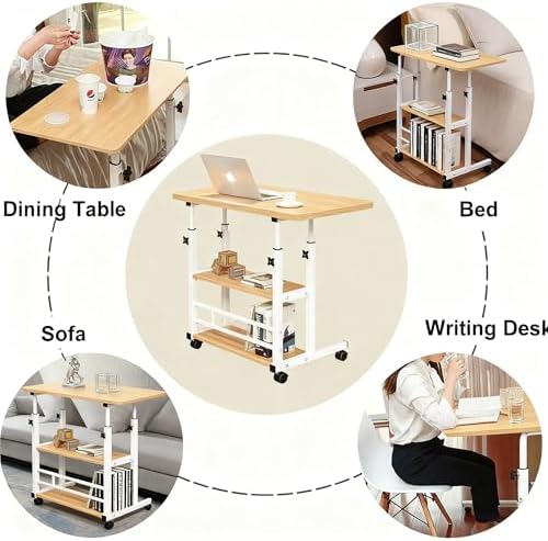 VebaCidi Medical Overbed Bedside Table with Two Shelves and Wheels (Hospital and Home Use), 31 1/2" Desk with Non Tilt Wooden Top, Adjustable Height (Walnut) - Image 3