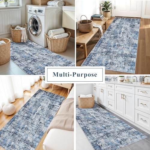 3x7 Washable Non-Slip Kitchen Runner Rug – Modern Abstract Neutral Carpet for Hallway, Entryway, Bedroom, Laundry Room – Low-Pile Thin Wide Floor Runner with Rubber Backing（Blue） - Image 3