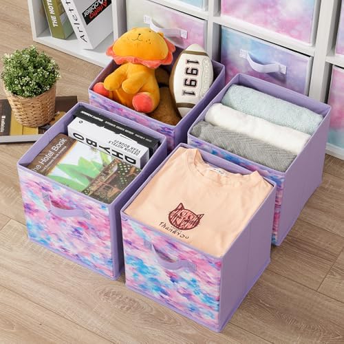 Stero Fabric Storage Cubes, 6 Pack Foldable Storage Bins with Handle, 11 Inch Box for Shelves, Closet, Organizer, Tie-dye Purple - Image 5
