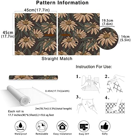 HAOKHOME Vintage Peel and Stick Wallpaper Floral Brown/PeachPuff/Green Daisy Wall Decor Home Bathroom Boho Decor 17.3in x 9.8ft - Image 6
