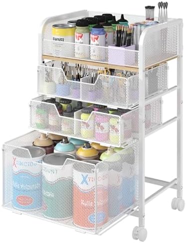 4-Tier Rolling Utility Cart with 3 Drawers-White Craft Organizers and Storage with DIY Dividers, Under Desk Cart with Lockable Wheels, Craft Cart Art Cart for Brushes Artifacts Patent Pending by FollowWithYociyogaTogether