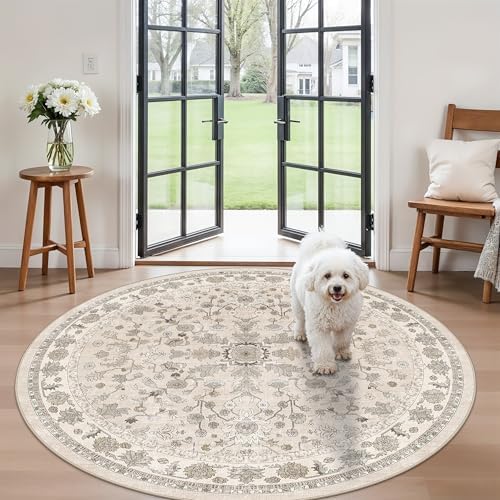 Round Kitchen Rugs 6ft Washable: Non-Slip Soft Low Pile Circle Area Rug for Under Table Living Room Dining Room Bedroom – Boho Floral Circular Floor Indoor Carpet (Beige,6x6) - Image 4