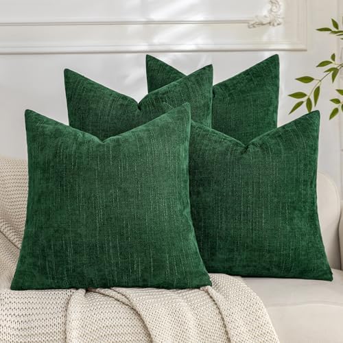 Set of 4 Soft Textured Decorative Throw Pillow Covers 18x18 Inch Cozy Farmhouse Cushion Cover Square Accent Pillow Cases for Bed Couch Sofa Living Room, Dark Green by Cozoomy