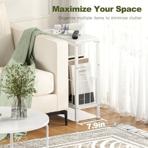 Narrow Side Table, Skinny End Tables with Magazine Holder, Small Sofa Table for Small Spaces, Space-Saving Design, Slim Nightstand Bedside Table for Living Room, Bedroom, Office, White - Image 4