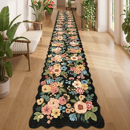 DUKINO 2x14 Hallway Runner Rug, Floral Washable Kitchen Rug, Black by DUKINO