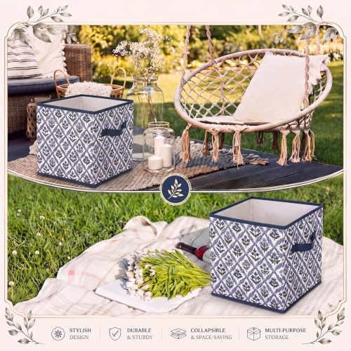 Bokon 6 Pcs 11'' Green Blue Block Print Storage Bins Cube with Handles - Image 6