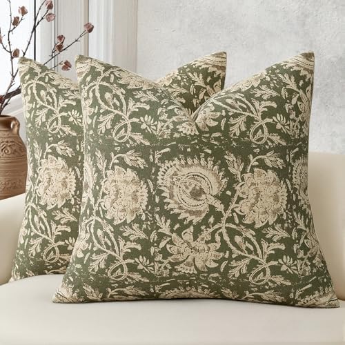 Vintage Floral Print Throw Pillow Covers 18x18 Set of 2 Neutral Modern Farmhouse Pillowcases Accent Decorative Cushion Covers Boho Home Decor for Couch Sofa Chair Bed Living Room, Olive Green by DKwizme