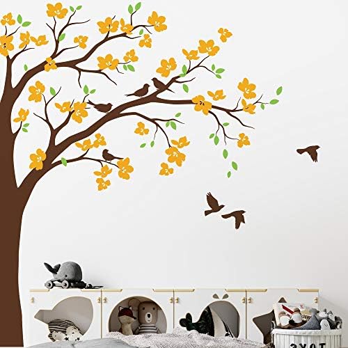 Large Corner Tree Wall Decal with Big Blossoms, Birds and Leaves Nursery Wall Art Sticker Mural 087 (Leaning Right, Brown; Lime-Tree Green; Golden Yellow) by StudioQueeWallDecals