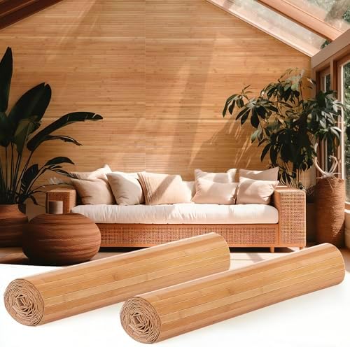 Juexica 2 Pcs Natural Bamboo Wall Panel 16 x 96 Inch Bamboo Covering Renewable Pole Wrap Fencing Wainscoting Room Divider for Interior Wall Decoration Bedroom Living Room Ceiling Tiles(Carbonized) by Juexica
