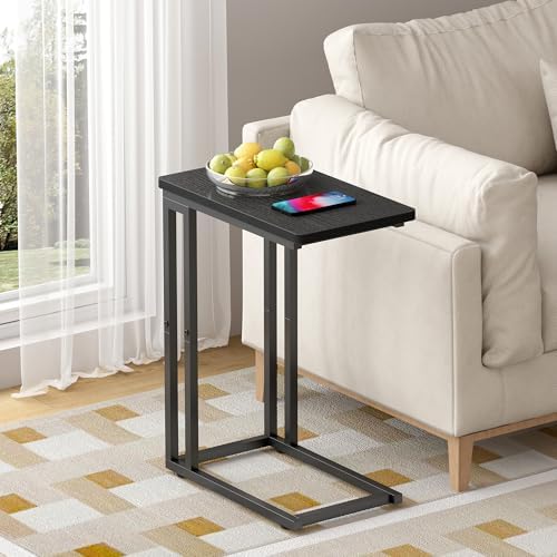 Yusong C Shaped End Table - Slide Under Sofa Couch Bed, Small Table for Small Spaces, Skinny Overbed, Coffee Drink Snack Table for Living Room, Black Oak - Image 2