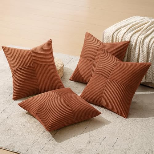 MIULEE Fall Boho Farmhouse Rust Decorative Throw Pillow Covers 20x20 Inch 4 Packs Soft Vintage Pillow Cases Modern Corduroy Patchwork Cushion Covers for Couch Sofa Bed Home Decor, Terracotta - Image 6