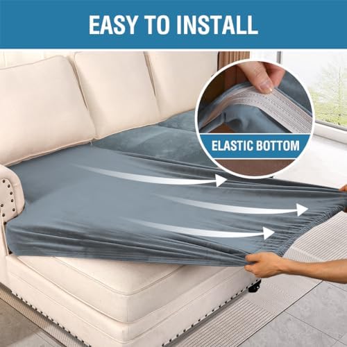 H.VERSAILTEX Velvet Stretch Sectional Couch Covers - 4 Piece Sofa Seat Cushion Set - L Shape Separate Cushion - Both Left/Right Couch Chaise Cover - Large Sofa 3 Seater + 1 Chaise, Stone Blue - Image 4