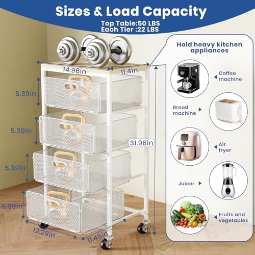 Goovilla Kitchen Cart with Drawers, Lockable Wheels with Wooden Top, White - Image 3