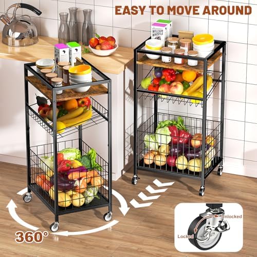 Fruit Vegetable Cart, 3-Tier Snack Cart on Wheels & Wood Top, Brown - Image 3