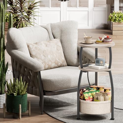 Side Table with Charging Station, Small Round End Table with Basket - Image 7