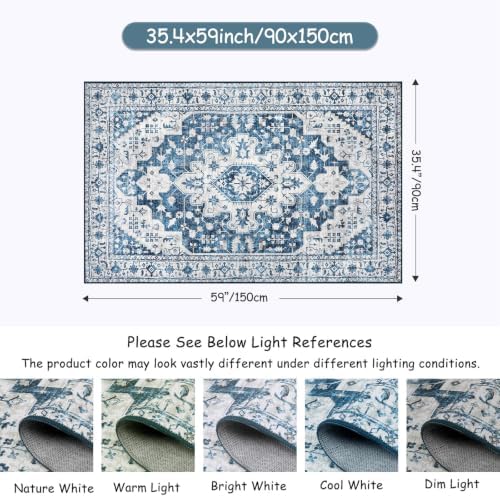 Moynesa Ultra-Thin Vintage 8x10 Area Rugs - Blue Bedroom Rugs for Living Room Non-Slip Stain Resistant, Printed Oriental Playroom Mat Indoor Floor Carpet for Dining Table Office Decor - Image 2