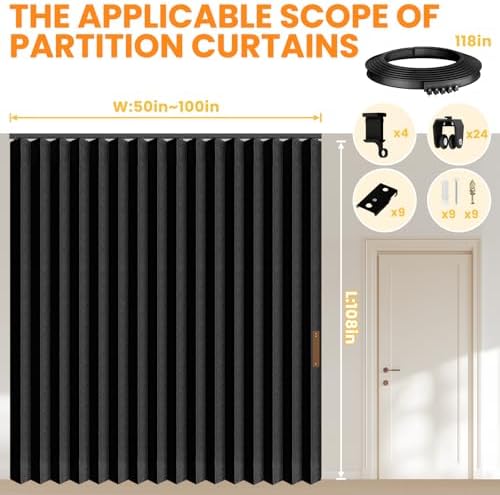 Room Divider Curtain Sets with Flexible Ceiling Track, Privacy Soundproof Curtain for Bedroom Office Patio Sliding Door(Black, W100 x L108, 1 Pack) - Image 3