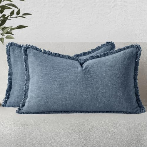 MIULEE Linen Fringe Decorative Lumbar Throw Pillow Covers Blue Ashes 12x20 by MIULEE