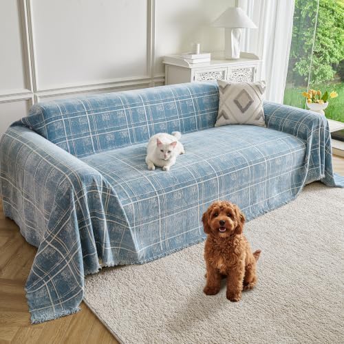 Couch Cover for Dogs Washable Sofa Cover, Sectional Couch Covers, Sofa Covers for 2 Cushion Couch, Non Slip Stripe Sofa Slipcovers Furniture Protector (Blue Checkered 91x118) by Unknown