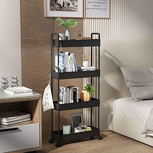 SOLEJAZZ Slim Rolling Storage Cart Skinny Bathroom Organizer, 4 Tier, Black - Image 6