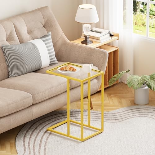C Table Side End Table, Small C Shaped Table for Sofa,Glass Couch Sofa Tray Snack Table for Living Room, Bedroom,TV Tray Table for Small Space,Accent Coffee Table,Nightstand with Metal Frame(Yellow) - Image 6