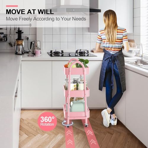 EAGMAK 3 Tier Utility Rolling Cart, Metal Storage Cart with Handle and Lockable Wheels, Multifunctional Storage Organizer Trolley with Mesh Baskets for Kitchen, Living Room, Office, Garage (Pink) - Image 3